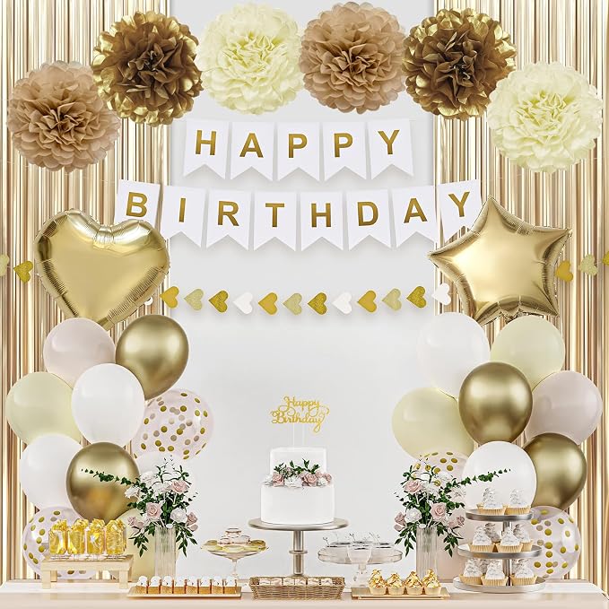 White and Gold Happy Birthday Party Decorations by HEDUPT