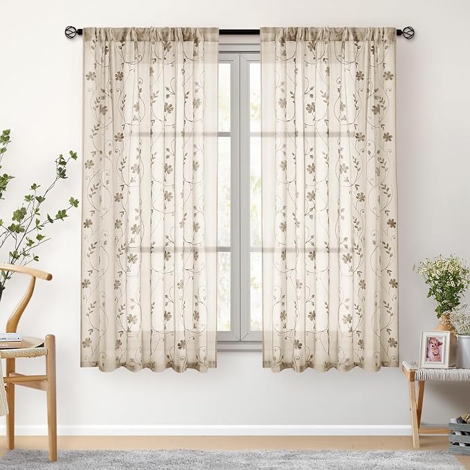 HOMEIDEAS Taupe Sheer Curtains 63 Inches Length 2 Panels Beige Embroidered - Image 7