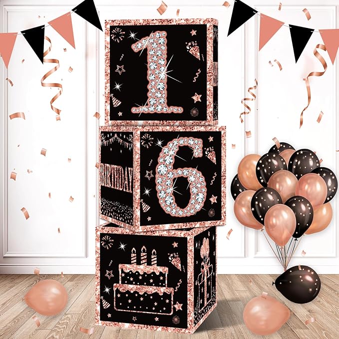 Eiurteao 3pcs Rose Gold 16th Birthday Decorations Boxes by Eiurteao