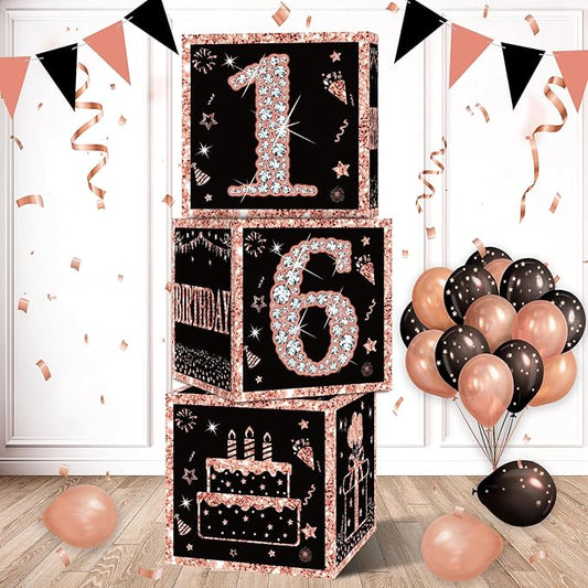 Eiurteao 3pcs Rose Gold 16th Birthday Decorations Boxes by Eiurteao