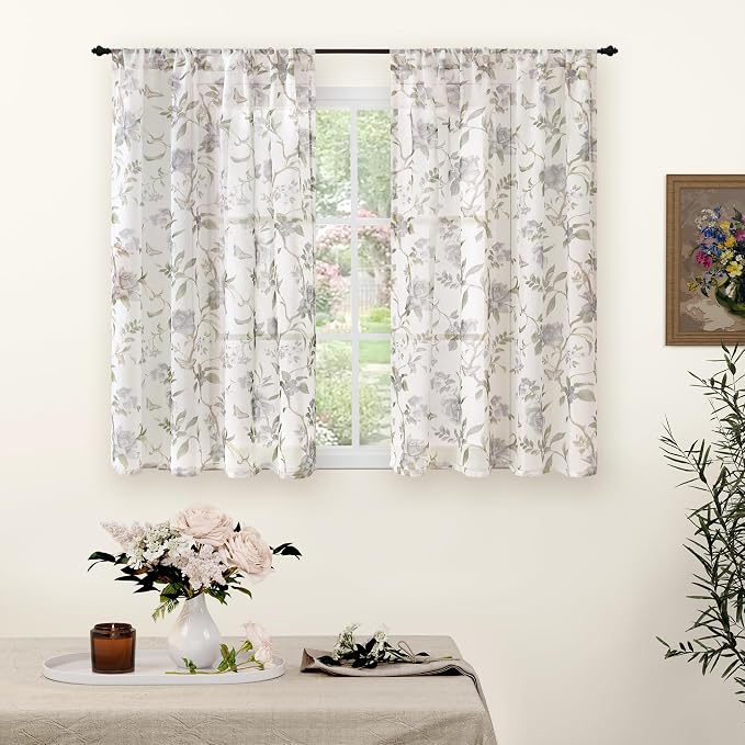 Sheer Curtains 45 Inch Length 2 Panels Set, Floral Patterned Linen Look by Lajode