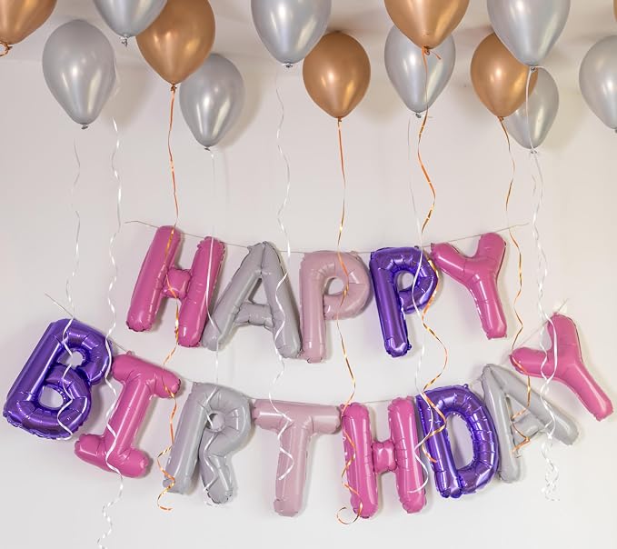 Purple Pink Happy Birthday Balloon Banner, 16 Inch Foil Mylar Happy Birthday - Image 5