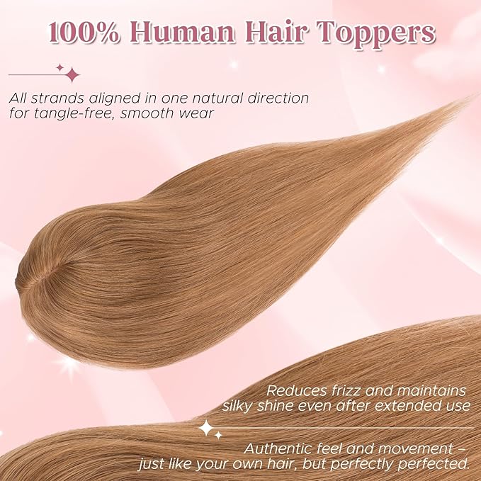 Real Human Hair Toppers for Women 3.54"*4.72" Silky Base 150% Density With Bangs Adjustable Parting Clip-In Topper Hairpieces for Women with Thinning Hair 12 Inches Light Brown