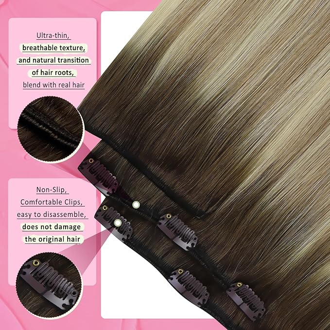 YoungSee Human Hair Clip in Extensions Balayage Clip in Human Hair Extension Walnut Brown Ombre Light Brown with Blonde Invisible Clip in Hair Extensions 24Inch 120G 7Pcs