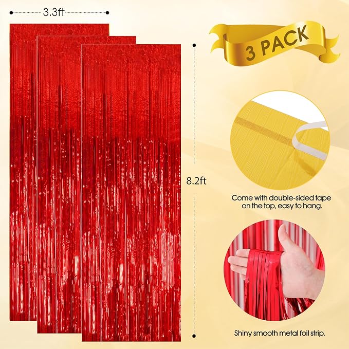 3 Pack Shiny Red Backdrop Party Decorations Tinsel Curtain Party Backdrop Foil - Image 6