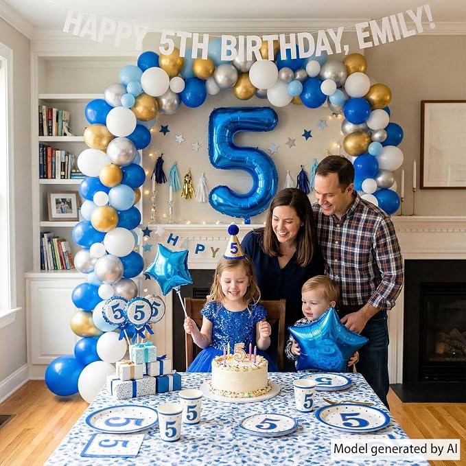 Navy Blue Number 5 Balloon 40 Inch, Shiny Metallic Digit Celebration Decor | - Image 2