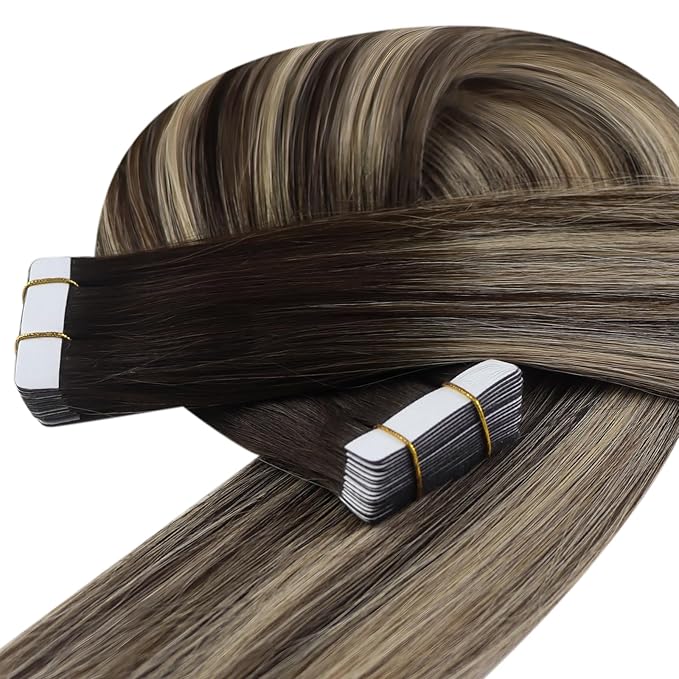 YoungSee Invisible Tape in Hair Extensions Balayage Tape in Hair Extensions Human Hair Dark Brown Roots Ombre Ash Blonde Tapein Extension Real Human Hair for Short Hair 12Inch 20pcs 30g