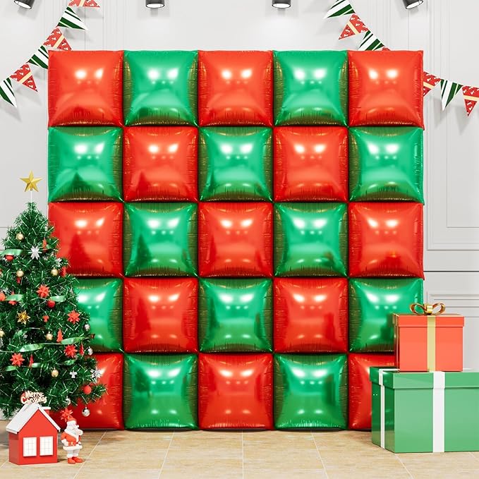 Metallic Green and Red Double Sided Square Foil Balloons Wall, 19 Inches Foil by FEYG