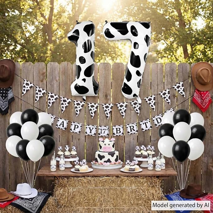 40 Inch Cow Print Number 17 Balloon Set, Giant Black & White Foil Mylar Number - Image 2