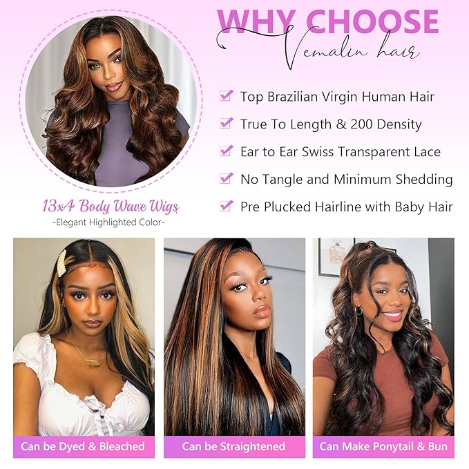 28 Inch Ombre Lace Front Wig Human Hair 1B/30 Highlight Body Wave Lace Front Wigs Human Hair Colored 13x4 Brown Wig 200 Density Balayage Glueless HD Lace Frontal Wigs
