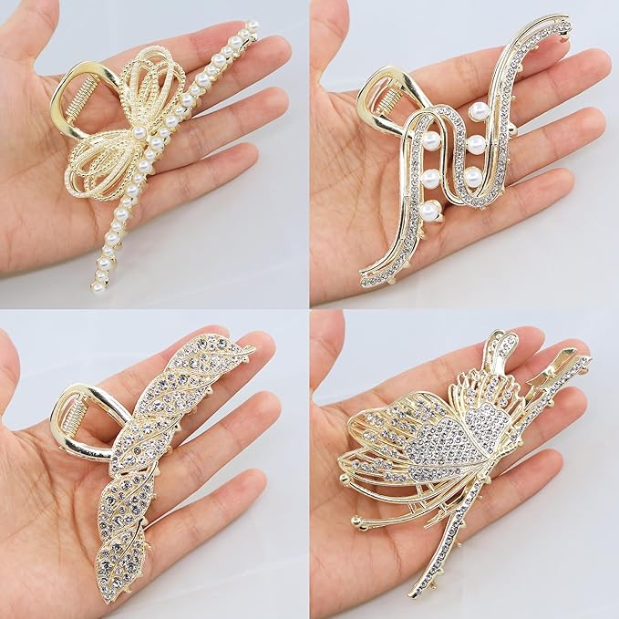 4Pcs Large Metal Hair Claw Clips with Rhinestones & Pearls, Non-Slip Waves-butterflies-leaves-bowknot Hair Clips for Thin and Thick Hair, Gold Sparkly Strong Hold Hair Claws for Women