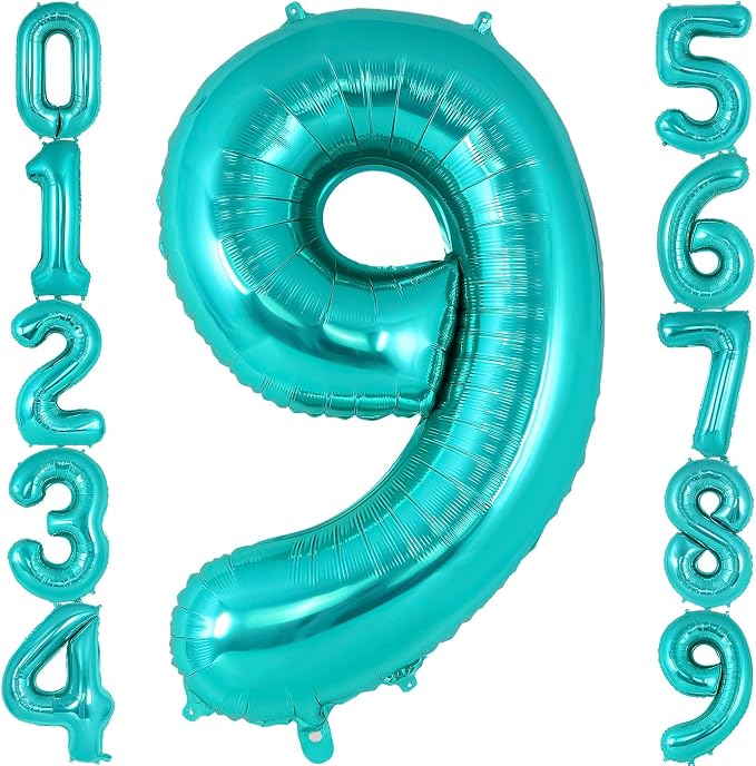 Teal Blue Number 9 Balloon, 40 Inch Big Large Foil Helium Number Balloons by AIQINHU