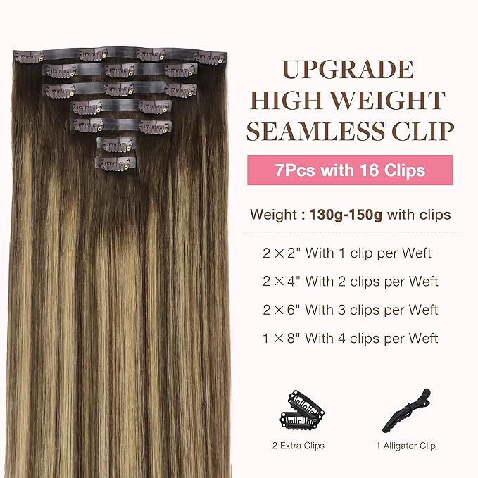 GOO GOO Clip in Hair Extensions Real Human Hair, Remy Human Hair Extensions Clip ins for Women, Natural Human Hair, 22inch 150g 7Pcs, 4/27/4 Balayage Chocolate Brown to Caramel Blonde