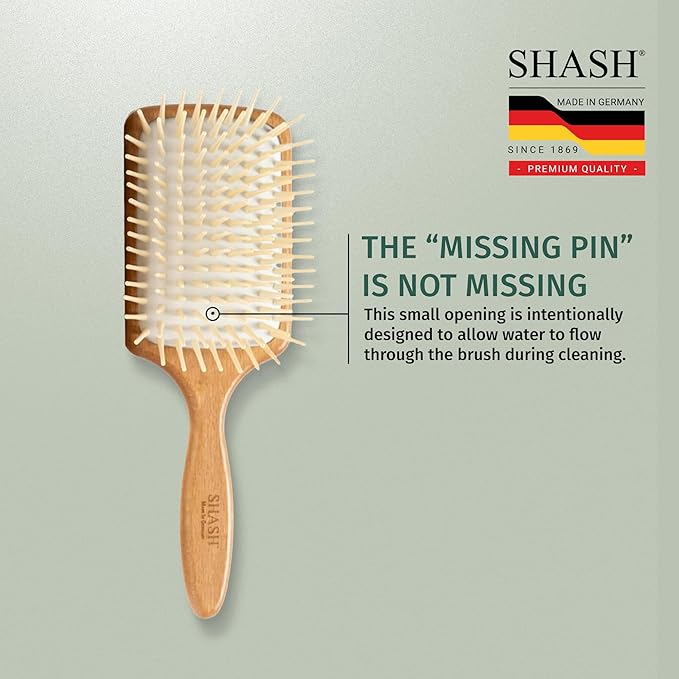 Made in Germany - SHASH Paddle Hair Brush for Hair Extensions, Thick And Curly Hair - Detangler With Long Pins & Rubber Cushion - Helps Detangle Knots, Eliminate Frizz, Reduce Pulling & Snagging