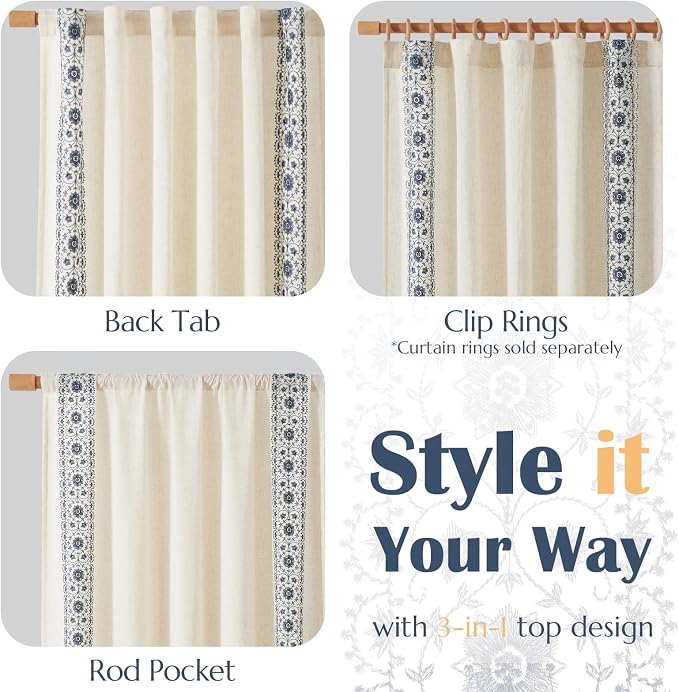 jinchan Floral Linen Curtains Embroidered Back Tab 50x90in 2 Panels Blue | - Image 7