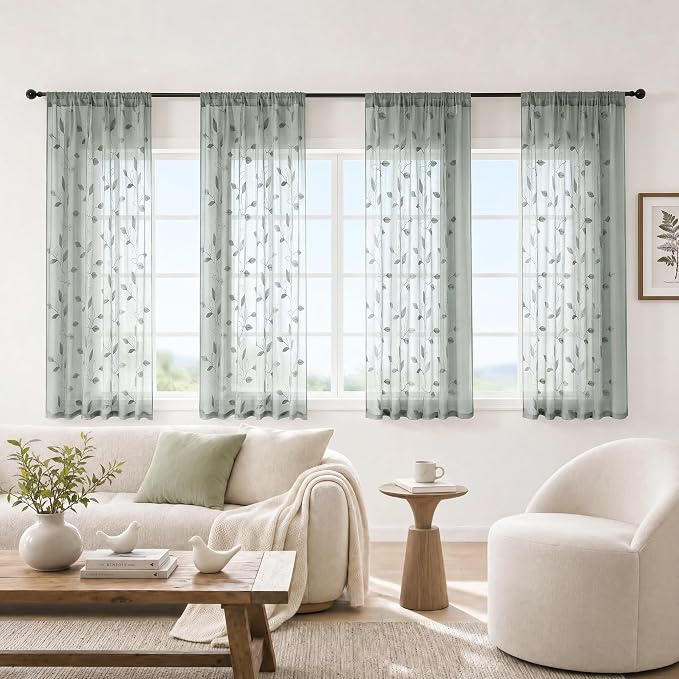 HOMEIDEAS Sage Green Sheer Kitchen Curtains 52 x 45 Inch Length 2 Panels - Image 2