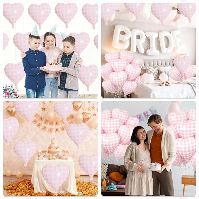 Pink White Checkered Heart Balloons, 18 Inch Lattice Foil Valentines Balloons - Image 6