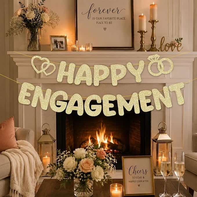 Pre-Strung Engagement Party Decorations, Glitter Happy Engagement Banner - Image 2