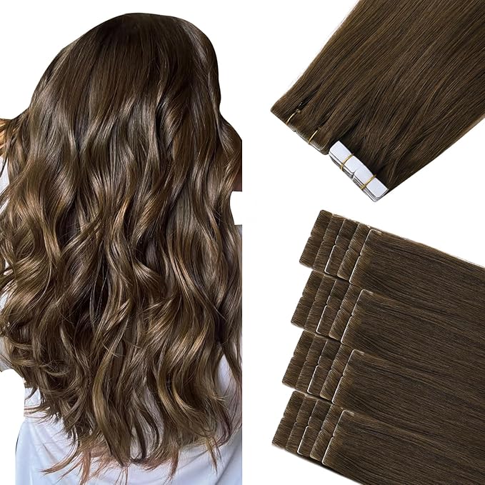 Sindra Invisi Edge Tape in Human Hair Extensions, Medium Brown Invisible Seamless Hair Tape in Extensions Balayage 16 Inch 20pcs 45g/pack