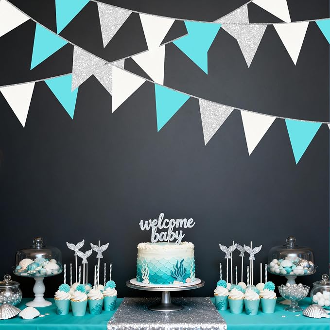 Teal Blue and Silver White Pennant Banner Flag Hanging Glitter Paper Triangle - Image 8