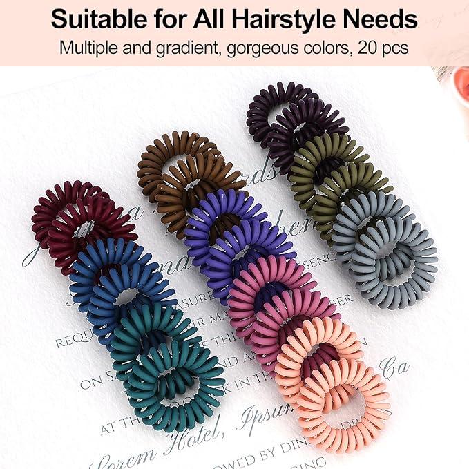 JessLab Spiral Hair Ties, 20 Pcs Traceless Phone Cord Hair Ties No Crease Spiral Bracelet Plastic Coil Ponytail Holders No-Damage Headband Hair Accessory for Girls Women Ladies (Dark Colored Matte)