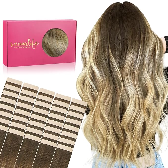 WENNALIFE Tape in Hair Extensions Human Hair, 40pcs 120g 26 inch Ombre Walnut Brown to Ash Brown and Bleach Blonde Hair Extensions Real Human Hair Straight
