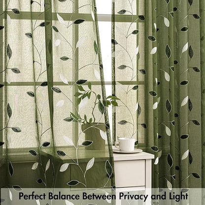 MIULEE Olive Green Sheer Curtains 2 Panels Leaf Patterned, W52 x L63 | - Image 5