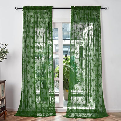 Kotile Dark Green Floral Lace Curtains - Image 3