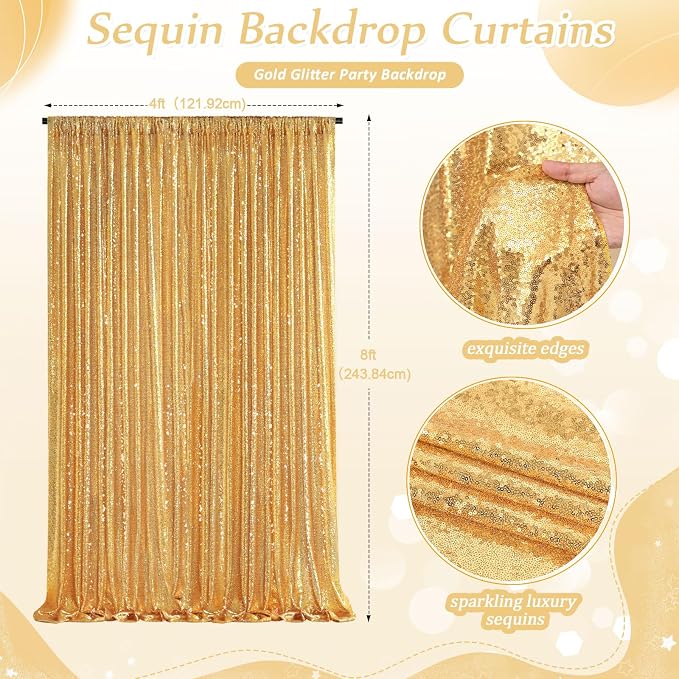 Gold Sequin Backdrop Curtains, 2 Panels 4FTx8FT Gold Curtain Backdrop Glitter - Image 4