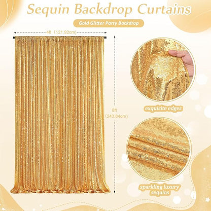Gold Sequin Backdrop Curtains, 2 Panels 4FTx8FT Gold Curtain Backdrop Glitter - Image 4