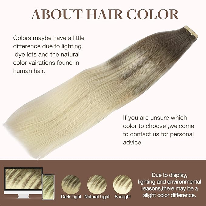 GOO GOO Tape in Hair Extensions Human Hair, 9/60 Balayage Ash Brown to Platinum Blonde, 20inch 100g 40pcs, Skin Weft Seamless Invisible, Silky Straight with Thick Ends, Remy Human Hair