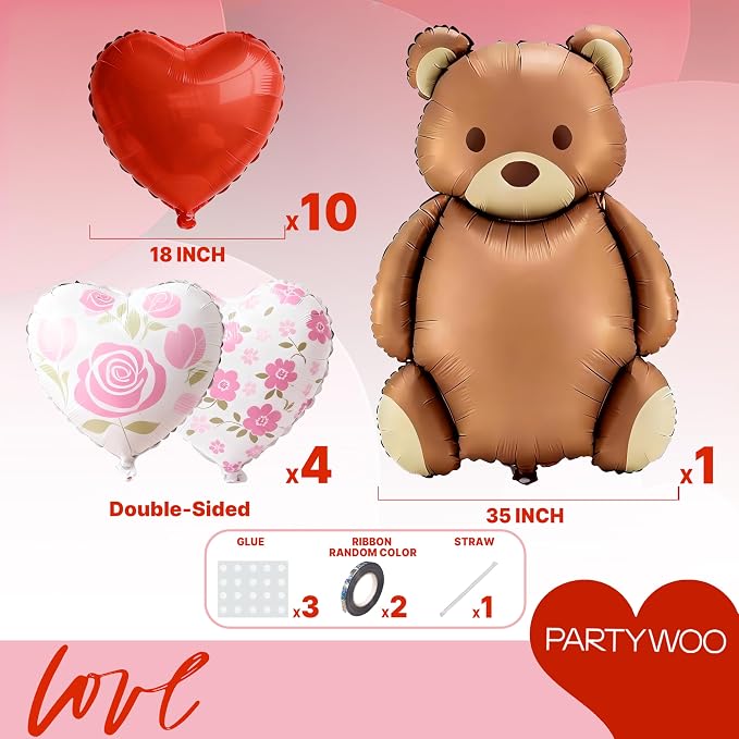 PartyWoo Latex Balloons 15pcs Foil Bear and Red Heart 24 18 Inch | Balloons - Image 6