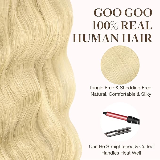 GOO GOO Tape in Hair Extensions Human Hair, 613R Bleach Blonde, 14inch 100g 40pcs, Skin Weft Seamless Invisible, Silky Straight with Thick Ends, Remy Human Hair