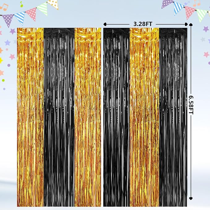 2Pack Black Gold Metallic Tinsel Foil Fringe Curtains, Door Streamers Photo - Image 3