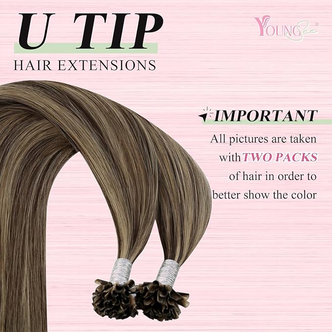 YoungSee Utip Hair Extensions Human Hair Highlight U Tip Hair Extensions Human Hair Brown with Blonde Ktip Hair Extension Real Hair Brown U-Tips Hair Extension 18In 1G/S 50G