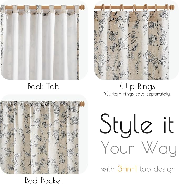 Black Floral Linen Lined Curtains Rod Pocket 50W X 90L 2 Panels | Charlotte - Image 5