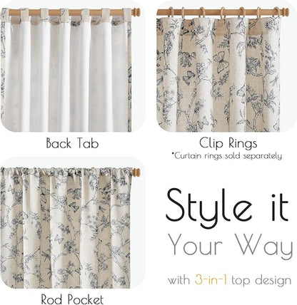 Black Floral Linen Lined Curtains Rod Pocket 50W X 84L 2 Panels | Charlotte - Image 6
