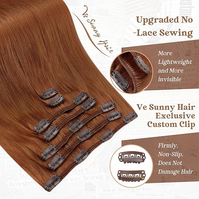 Ve Sunny Clip in Hair Extensions Real Human Hair Ginger Copper Clip in Extensions for Women Natural Human Hair Extensions Straight 7pcs 16 inch 120g