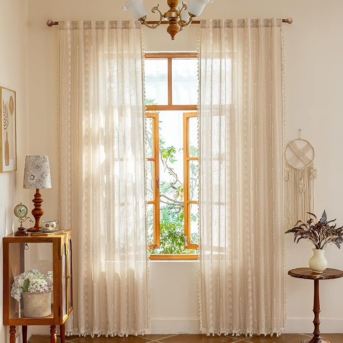Boho Curtains - for Living Room Farmhouse Sping Linen Blend Patterned Light - Image 2