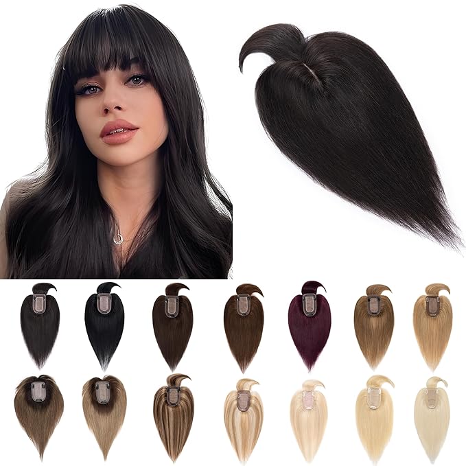 SEGO Hair Toppers for Women Real Human Hair With Bangs, 7 * 13CM Silk Base 100% Remy Human Hair Clip in Top Wiglet Hairpieces Add Volume -12 Inch Natural Black