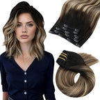 Moresoo Clip in Hair Extensions Real Human Hair Balayage Remy Human Hair Clip in Extensions Ombre Black to Brown with Caramel Blonde 5pcs 80g 14inch