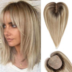 starluck Hair Toppers for Women with Bangs, 5"*5.5"Large Coverage Ombre Light Brown with Blond Highlight 100% Real Human Hair Toppers for Women with ThinningHair,Cover Gray HairRoots