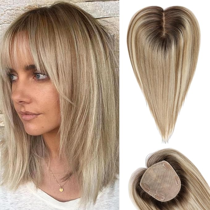 starluck Hair Toppers for Women with Bangs, 5"*5.5"Large Coverage Ombre Light Brown with Blond Highlight 100% Real Human Hair Toppers for Women with ThinningHair,Cover Gray HairRoots