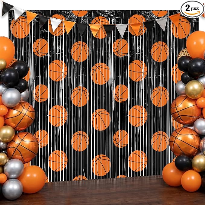 2 Packs Basketball Foil Fringe Curtain, Baby Shower, Game Day, Team Celebrations by BSRESIN