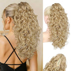 Flufymooz 100％ Pure Protein Ponytail Extension, 18 Inch Curly Claw Clip Ponytail Hair Extensions Natural Soft pony tail hairpiece for women-Deep Blonde with Ash Blonde Highlights