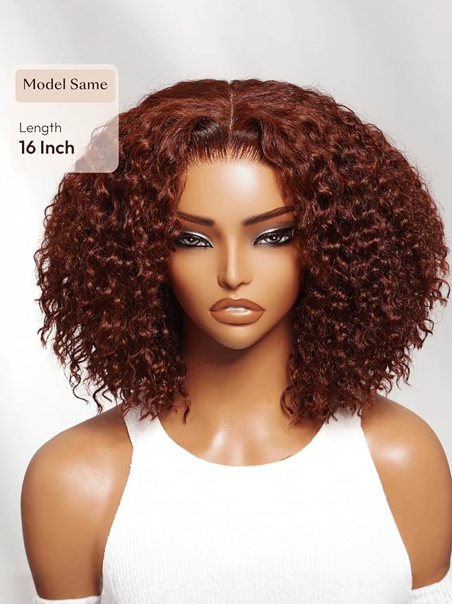 Julia Hair Reddish Brown Glueless Jerry Curly Human Hair Invisi-Drawstring Wig Auburn Pre Cut 7x5 Lace Front Wigs Pre Plucked Bleached Pre Cut Lace Closure Natural Hairline Put On and Go 22 Inch