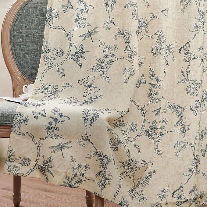 Blue Floral Linen Curtains Farmhouse Rod Pocket 50W X 96L 2 Panels | Charlotte - Image 9