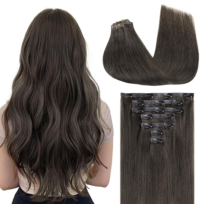 GOO GOO Clip in Hair Extensions Real Human Hair, Remy Human Hair Extensions Clip ins for Women, Natural Human Hair, 18inch 130g 7Pcs, 1C Mocha Brown