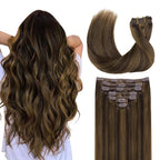 GOO GOO Clip in Hair Extensions Real Human Hair, Remy Human Hair Extensions Clip ins for Women, Natural Human Hair, 14inch 120g 7Pcs, 2C/4E/6C Brown Sugar Swirl Highlights