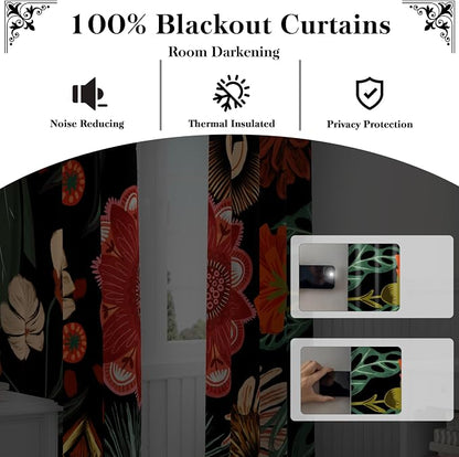 Tyrot Black Boho Floral 100% Blackout Curtains - Image 3